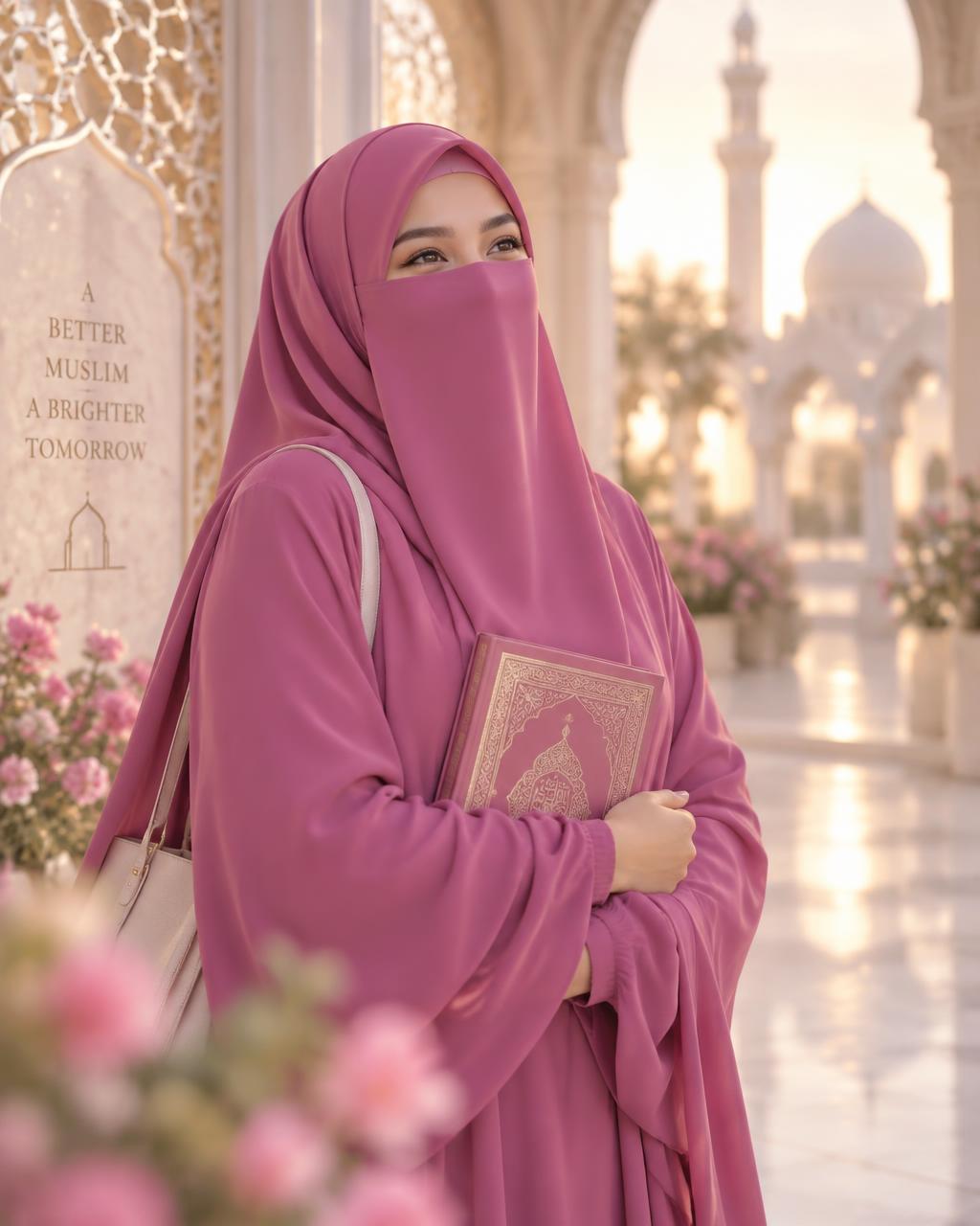 A confident Muslim woman in a magenta-pink hijab and niqab, joyful and at peace